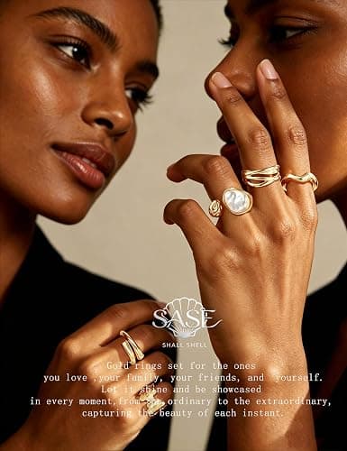 Shall Shell 15 Pcs Chunky Gold Rings for Women, Stackable Statement Rings Pack, Gold Baroque Pearl Rings Open Adjustable Stacking Knuckles Rings Set, Trendy Stuff Jewelry Gift thumbnail 3