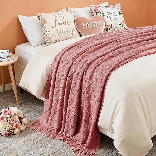 inhand Coral Pink Knitted Throw Blanket for Couch Bed, Mothers Day/Mom Birthday Gifts for Mom from Daughter Son, Soft Lightweight with Tassels, Farmhouse Warm Decorative Blanket for Women, 50"x60" thumbnail 8