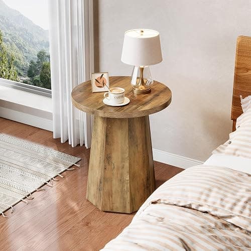 Tribesigns Farmhouse Round End Table, Wooden Couch Side Table with Octagonal Base, Rustic Brown Nightstand Pedestal Accent Furniture for Living Room, Bedroom (2) thumbnail 5