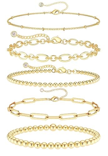 DEARMAY Waterproof Gold Plated Bracelets Set for Women Trendy, Dainty 14K Gold Jewelry Fashion Stackable Tennis Beaded Figaro Herringbone Paperclip Link Bracelet Pack Stack Gifts for Women - Image 1