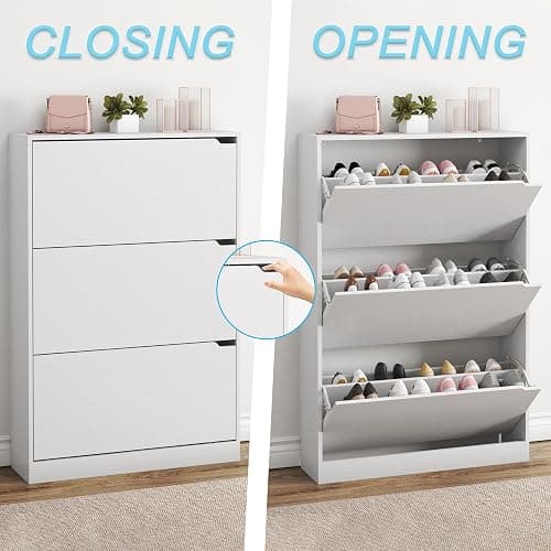 BORNOON Shoe Cabinet with 3 Flip Drawers, Hidden Wood Shoe Cabinet,Freestanding Shoe Storage Cabinet for Entryway Hallway.White. 47.2" H*31.5" W*9.45" D. thumbnail 5