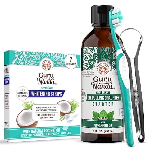 GuruNanda Coconut Oil Dental Care: Whitening Strips + Oil Pulling - Helps Brighten Teeth, Freshen Breath, Healthy Gums - 14 Strips + 8oz for Complete Oral Care - Image 1