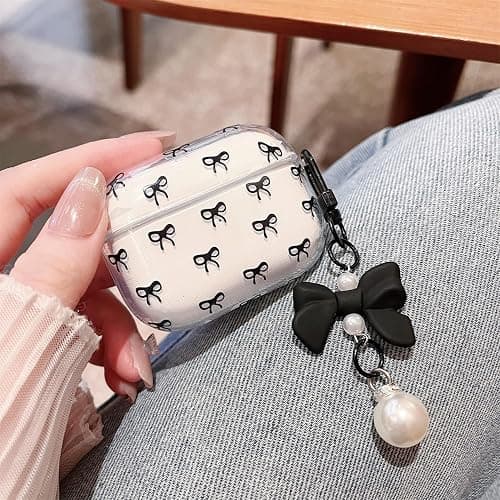 MINSCOSE Compatible with AirPods Pro 2 Clear Case,Cute Bow Pattern Pretty Ribbon Aesthetic Design with Bow Pearl Keychain,Soft TPU Protective Shockproof Case for Women Girl for AirPods Pro 2-Black thumbnail 4