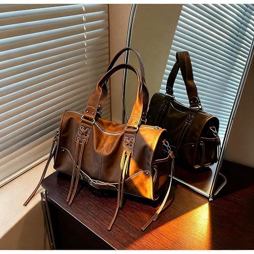 Hibilog Women’s Large PU Tote Bag, Retro Shoulder Boston Bag Vintage Accent, Casual Top Handle Fall Purse for Travel Commute thumbnail 6