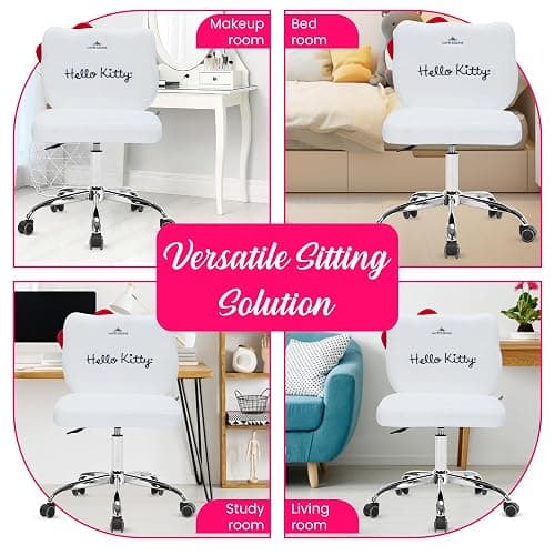 Impressions Vanity Hello Kitty Teddy Swivel Vanity Chair for Makeup Desk, Armless Rolling Chair with Wheels, Adjustable Height, 360 Degree Swing, Comfy Foam Padded Seat and Backrest (Teddy White) thumbnail 7