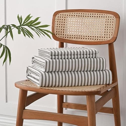 JELLYMONI 100% Cotton Bed Sheets Set – Grey and White Stripes, King Size, Soft Bedding with Deep Pocket Fitted Sheet, Flat Sheet & Pillowcases thumbnail 6
