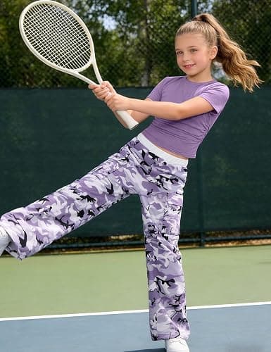 Qetobolly Girls Clothes 2PC Summer Outfits Pleated Short Sleeve Top and Camo Wide Leg Pants Set Kids Clothes Girls 6-16 Year thumbnail 4