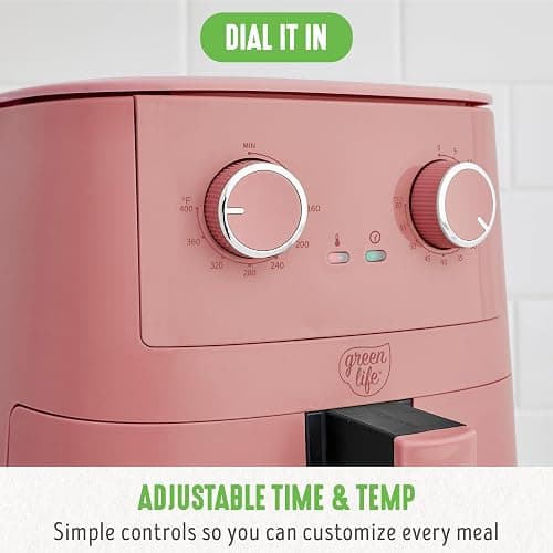 GreenLife 4.5QT Air Fryer, Mechanical Dial Controls, PFAS-Free Ceramic Nonstick Drawer, Adjustable Temp & Timer, LED Indicator, Oil-Less Cooking, Dishwasher Safe, Compact Family Size, Pink thumbnail 5