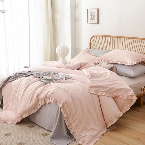 JANZAA Twin Comforter Set Pink Beding Set 2PCS (1 Ruffled Comforter Set and 1Pillow case) Fluffy Vintage Farmhouse Shabby Chic Bedding Soft All Season thumbnail 6