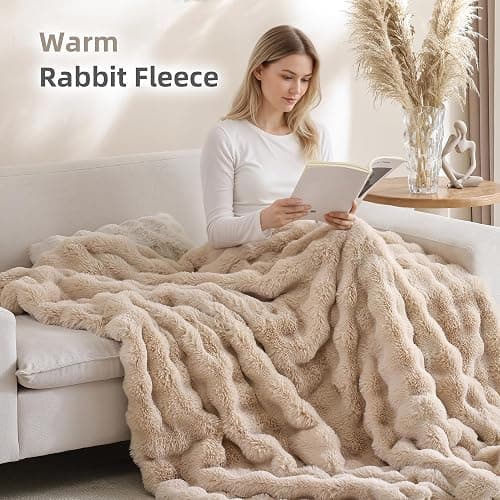 Smoofy Faux Fur Throw Blanket for Couch – Linen Fluffy Cozy Rabbit Fleece, Plush Soft Bubble Blanket for Sofa & Bed, for Mom, Warm Fuzzy Home Room Decor Throw 60" x 80" thumbnail 6