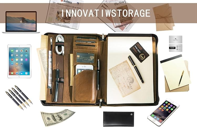 AZXCG Leather Portfolio Organizer for Men, Professional Padfolio Folio with A4/Legal Pad Holder, Business Resume Zippered Portfolio, Tablet Case for iPad Pro 12.9", Gift for Women/Men, Brown thumbnail 6