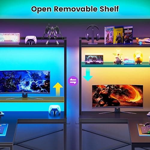 SEDETA L Shaped Gaming Desk, Reversible 45.3” Small Corner Desk with Power Outlet and LED Lights, Corner Gaming Desk with Storage Shelves, Hooks for Small Space, Black thumbnail 6