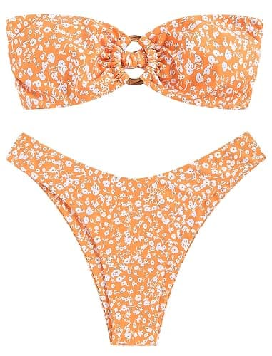 ZAFUL Women's Bandeau Bikini O Ring Strapless Tie Back High Cut Two Piece Swimsuit Bathing Suits - Image 1