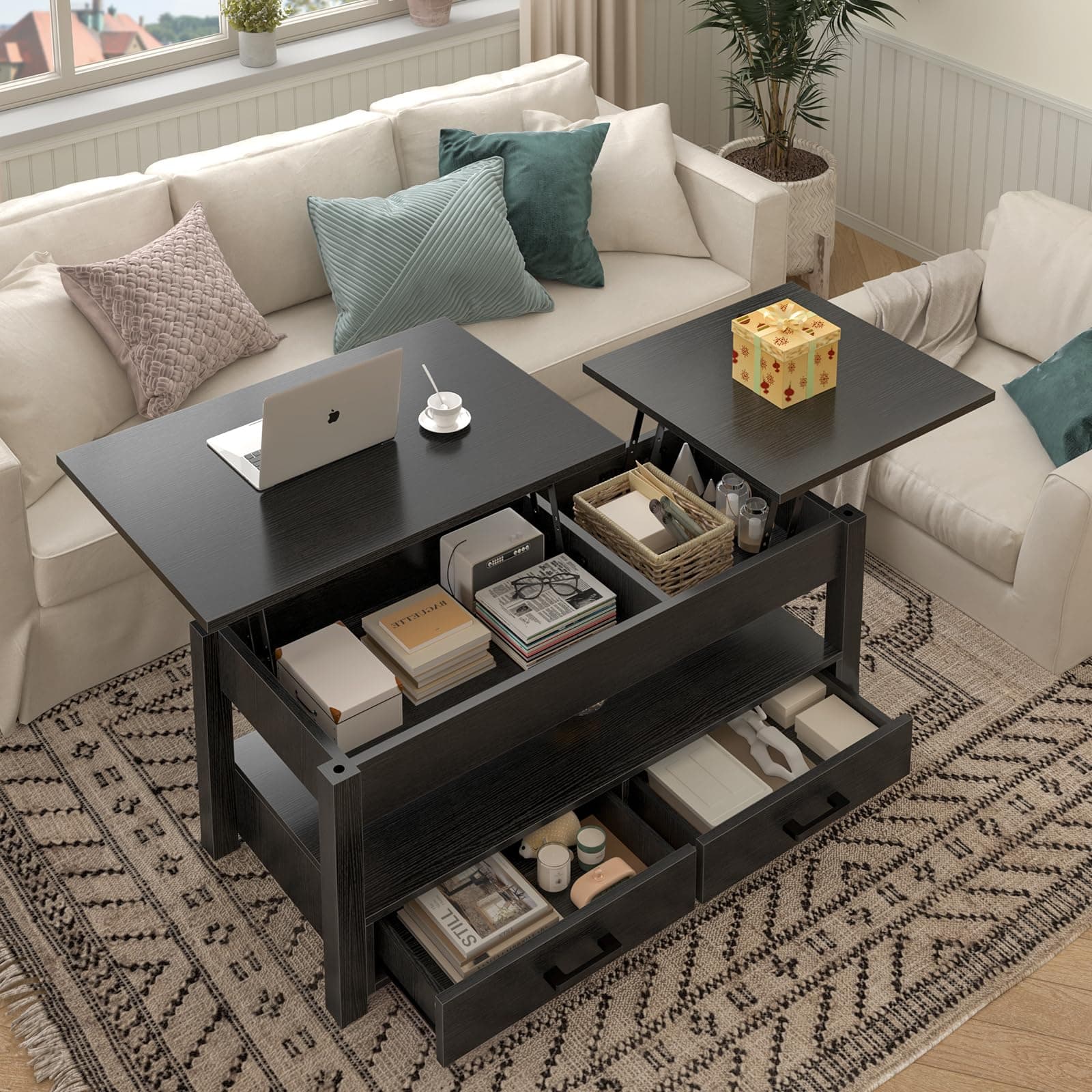 FABATO Mesa de Centro para Sala - De Madera con Doble Elevación - 2 cajones de Almacenamiento - Varilla de Estrés - Ideal como Mesa para Cafe o Mesa Auxiliar (Negro) - Negro thumbnail 6