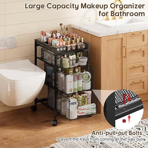 JKsmart Rolling Makeup Cart Organizer with 3 Drawers, Cosmetics Display with Dividers, Floor Skincare Storage with Wheels, Versatile Vanity Organizer for Nail Polish Perfume Brush Hair Tool, Black thumbnail 6