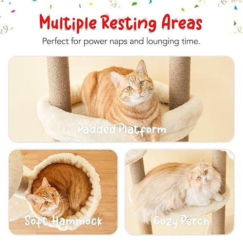 Furcato Cat Tree, Floor to Ceiling Cat Tower Adjustable Height[92-102 Inches=234-258cm], 7 Tiers Cat Climbing Tree with Hammock, Platforms and Fully Sisal Scratching Posts for Indoor Cats, Beige thumbnail 6