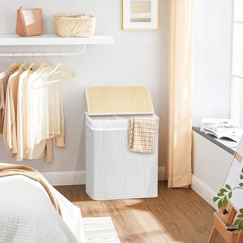 SONGMICS - Laundry Basket with Lid - Bamboo Laundry Basket with 2 Sorting Compartments, Removable Bag, Cotton Handles - Volume 100L, for Laundry Room, Bedroom - White -LCB64WT thumbnail 2