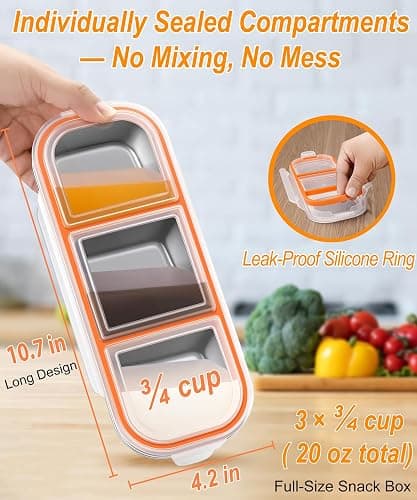3-Pack Stainless Steel Snack & Lunch Containers for Kids & Adults, 20 oz | 3 Sealed Compartments, Dishwasher-safe, Leak-proof, Stackable, Clear lid, 10.7 in long, For daycare, school, work & travel thumbnail 6