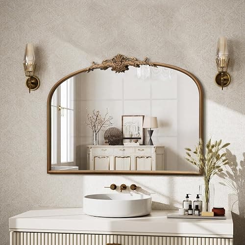 Besdomus Vintage Arched Gold Mirror: 32"x24" Large Gold Vintage Wall Mounted Mirror - Baroque Traditional Ornate for Entryway/Fireplace/Bathroom/Hallway - Home Decor for Fashion-Conscious - Image 1