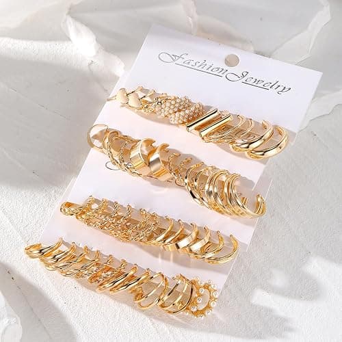 16-24 Pairs Gold Silver Black Earring Set for Women, Chunky Earring Multipack Punk Trendy Big Small Stud Hoop Earring Lightweight Twisted Pearl Ear Pack For Daily Birthday Party Gift thumbnail 2