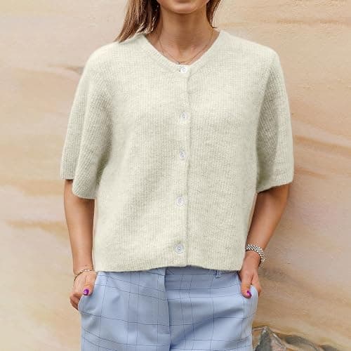 KMBANGI Women Knitted Cropped Blouse Short Sleeve Button Knit Shirt Crop Cardigan Y2k Open Front Knitwear Tops Dressy thumbnail 3