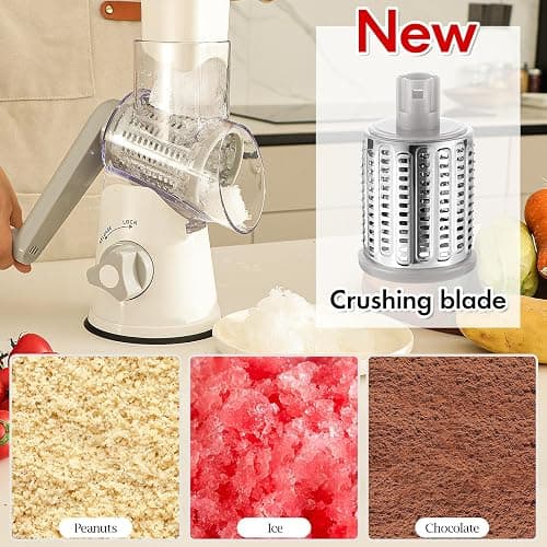 Ourokhome Rotary Cheese Grater Hand Crank, Kitchen Shredder Speed Mandolin Slicer Ice Shaver with Handle and Drum Blades for Cheese, Vegetable, Nuts, Chocolate, Potato, Carrot, 5 Blades, White thumbnail 4