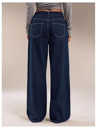 OYOANGLE Women's Striped Wide Leg Jeans Casual Pinstripe Denim Baggy Low-Rise 90s Trendy Pants with Pocket thumbnail 2