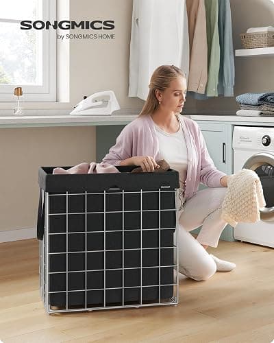 SONGMICS 29 Gal. (110L) Laundry Basket, Laundry Hamper, Collapsible Clothes Hamper, Removable and Washable Liner, Metal Wire Frame, for Bedroom Bathroom, Silver and Classic Black ULCB111B01 thumbnail 2