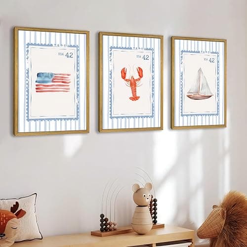Wood Framed Blue Beach Stamp Set of 3 Canvas Poster Coastal Granddaughter Room Wall Art Decor Vintage Preppy Aesthetic Prints Artwork for Girly Dorm Apartment Ocean Home Decoration 12x16 Inch thumbnail 6