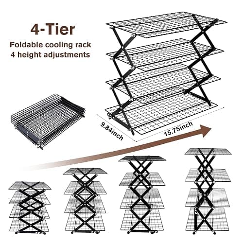 4 Tier Collapsible Cooling Rack, Adjustable Stackable Stainless Steel Baking Rack with Leak-Proof Mesh & X-Shaped Structure, Dishwasher Safe for Cookies, Bread, Pastries thumbnail 3