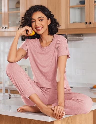 Ekouaer 2 pack Pajama Sets for Womens Jogger Pants Pjs Short Sleeves Lounge Set Soft Sleepwear with Pockets thumbnail 3