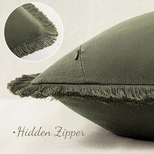 MIULEE Set of 2 Linen Throw Pillow Covers Decorative Boho Square with Tassels Farmhouse Cushion Covers Olive Green Accent Pillowcase with Fringe for Couch Sofa Bed Living Room Spring 20x20 Inch thumbnail 3