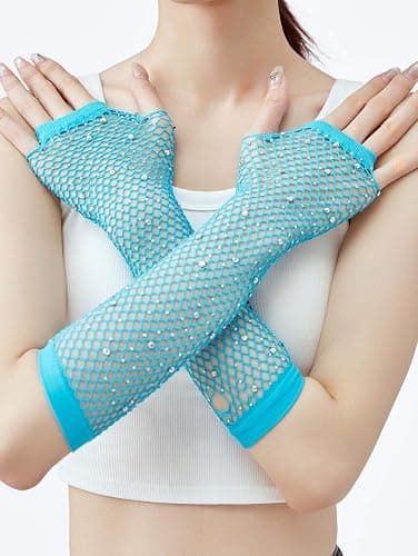OTPEH Women Fishnet Rhinestone Gloves Fingerless Fish Net Arm Sleeve Warmers 80s Emo Scene Accessories thumbnail 4
