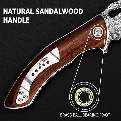 AUBEY Damascus Folding Knife with Clip, Pocket Knife with Wood Handle, EDC Knife for Outdoor Hiking Camping Collection (3.19" Blade) thumbnail 5