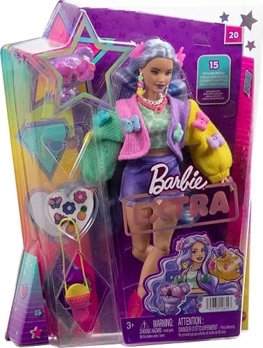 Barbie Extra Doll & Accessories with Wavy Lavender Hair in Colorful Butterfly Sweater & Pink Boots with Pet Koala thumbnail 6