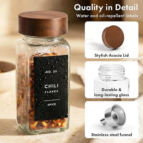 EDELHAUS® Square Spice Jars with Acacia Wooden Lid (Pack of 24) Spice Jars with Shaker Insert and 240 Labels - Acacia Lids Glass Container for Spice Organisation [4.3 in × 1.8 in] thumbnail 9