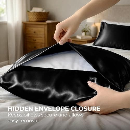 Pure Bedding Satin Pillowcase 2 Pack - Queen Size (20"x30", Black) - Silky Pillow Cases for Hair and Skin - Satin Pillow Covers with Envelope Closure - Extra Soft Premium Microfiber thumbnail 7