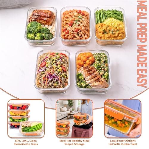 Innoteck 5 Pack 1040ml Orange Glass Food Storage Containers with Lids | Borosilicate meal prep containers with airtight leakproof locking lids, dishwasher safe for food storage and leftovers. thumbnail 3