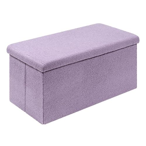 PINPLUS Folding Storage Ottoman Bench, Sherpa Ottoman with Storage, Large Long Shoes Bench Chest with Lid, Footrest for Living Room, Entryway, Purple, 31.5'' x 15.7'' x 15.7'' - Image 1