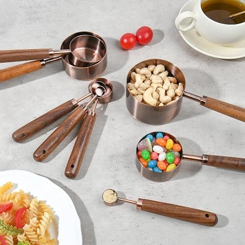 Smithcraft Copper Measuring Cups & Spoons Set 8, Stainless Steel Measuring Cups and Spoons Set for Baking and Kitchen, Metric & US Metal Measure Cup & Spoon with Wood Handle for Dry & Liquid thumbnail 7