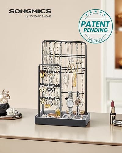 SONGMICS Necklace Holder, Jewelry Stand Holder Organizer, Jewelry Display with Metal Frame, Velvet Tray,Earring Bracelet Holder, for Gift Idea, 4.5 x 7.7 x 12.1 inch, Ink Black UJJS021B01 thumbnail 3