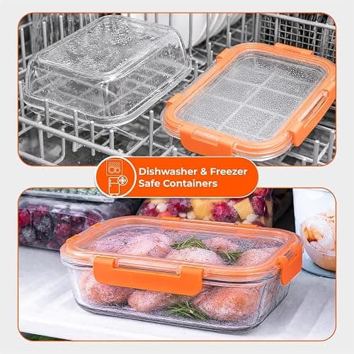Innoteck 5 Pack 1040ml Orange Glass Food Storage Containers with Lids | Borosilicate meal prep containers with airtight leakproof locking lids, dishwasher safe for food storage and leftovers. thumbnail 6