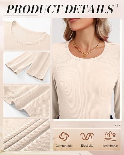 Ficerd 3 Pack Women's Ribbed Long Sleeve Tops, Crew Neck Slim Fit Undershirts Knit Basic Casual Stretch Layering Tee Shirts thumbnail 3