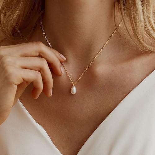 Gold Pearl Necklaces for Women,Dainty Gold Pendant Necklaces Pearl Jewelry | 14K Gold Plated Pearl Necklaces,Dainty Elegant Wedding Necklace,Small Cute Adjustable Minimalist Necklace,Non Tarnish Jewelry thumbnail 3