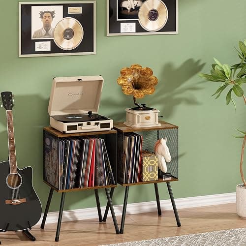 X-cosrack Record Player Stand with Storage up to 100 Albums, Retro Small Vinyl Record Holder - Adjustable Divider, Book/LP Record Storage and Organizer Vinyl Table for Living Room, Bedroom thumbnail 2
