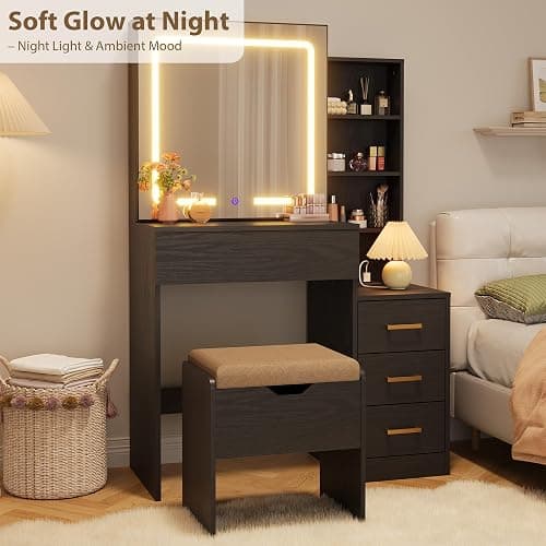 GarveeHome Makeup Vanity Desk with Sliding Mirror, Vanity Dressing Table with 3 Color Adjustable Lights, Girls Vanity Set with Stool, 4 Compact Vanity Drawers, Power Outlet, Black thumbnail 3