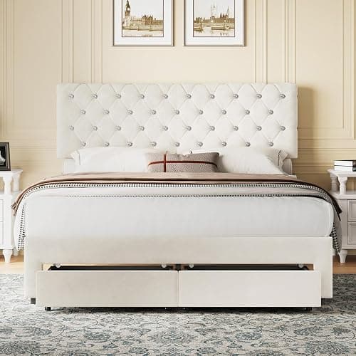 Belffin Full Bed Frame with Storage Drawer and Diamond Adjustable Tall Headboard, Modern Velvet Platform Bed Frame with Wingback Design, No Box Spring Needed, Easy Assembly, White thumbnail 5