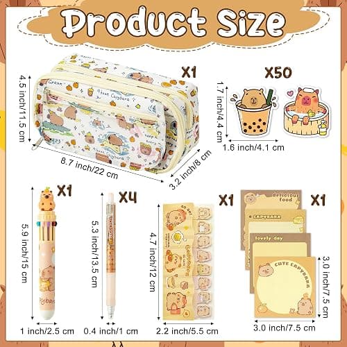 GwaOery Capybara Pencil Case Multi-Layer Stationery Set Multifunctional Pencil Pouch Large Capacity Case with Zip Include Capybara Pens Stickers Sticky Notes for Office Kids Students School Supplies thumbnail 2