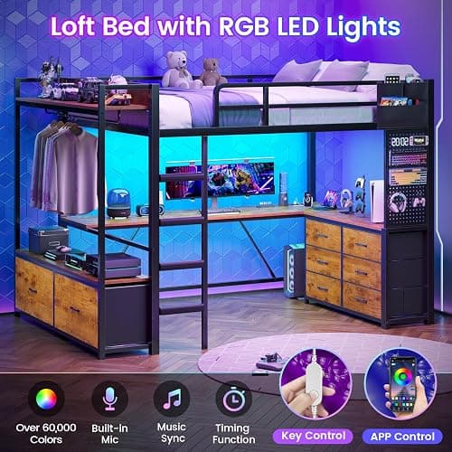Itaar Twin Loft Bed with L-Shaped Desk and 8 Storage Drawers, Metal Kids Loft Bed Twin with Led Lights & Charging Sation, Hall Tree, Safety Guard & Ladder, No Box Spring Needed, Rustic Brown thumbnail 3