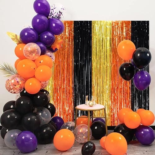 Voircoloria Black Gold Orange Fringe Backdrop Curtains,3.3x6.6ft, 2 Pack | Tinsel Streamers, Door Shimmer, For Baby Shower, Birthday Party Decorations, Graduations thumbnail 7